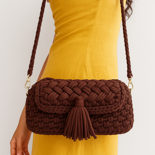 Handcrafted Chocolate Brown Crochet Sling Bag with Tassel Detail