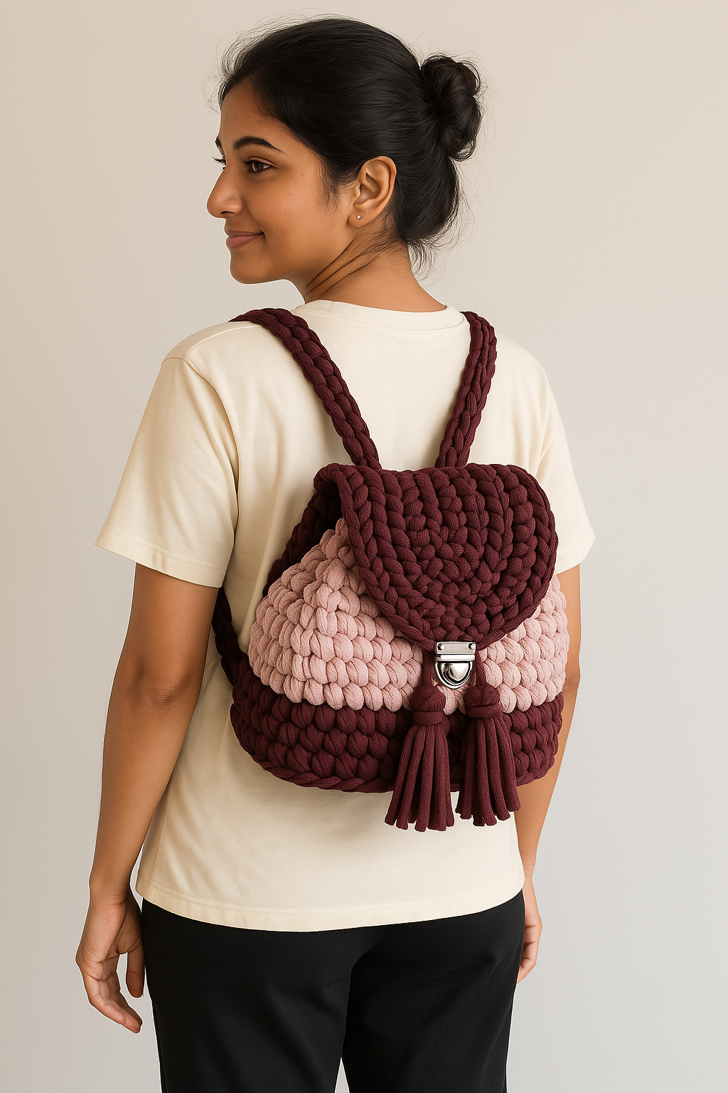 Maroon Soft Blush - Dual-tone crochet backpack!