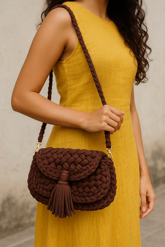 Handcrafted Chocolate Brown Crochet Sling Bag with Tassel Detail